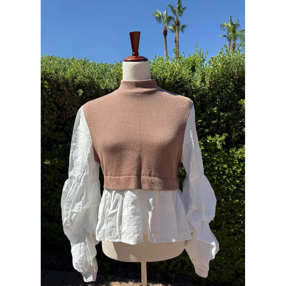 Anthropologie Ribbed Mock Neck Sweater Vest Tan White Academia Peplum Top Sz L